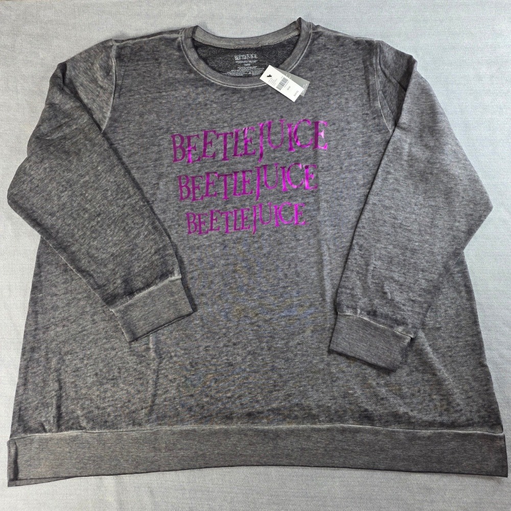Beetlejuice Graphic Sweatshirt‎ Womens 18/20 Gray NWT Metallic Purple Acid Wash